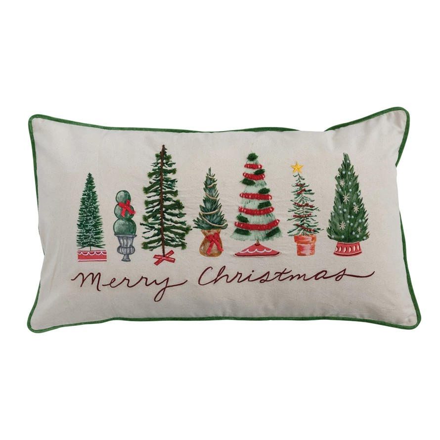 Lumbar Pillow with Piping, Embroidery & Trees "Merry Christmas"