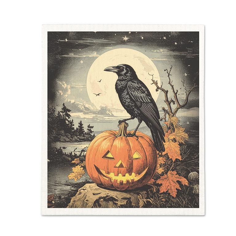 Pumpkin & Crow Halloween Dishcloth
