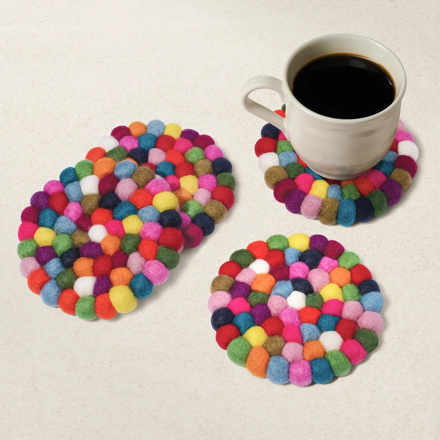 MODWOOL Felt Ball Four Piece Round Coaster Set | Multi Color