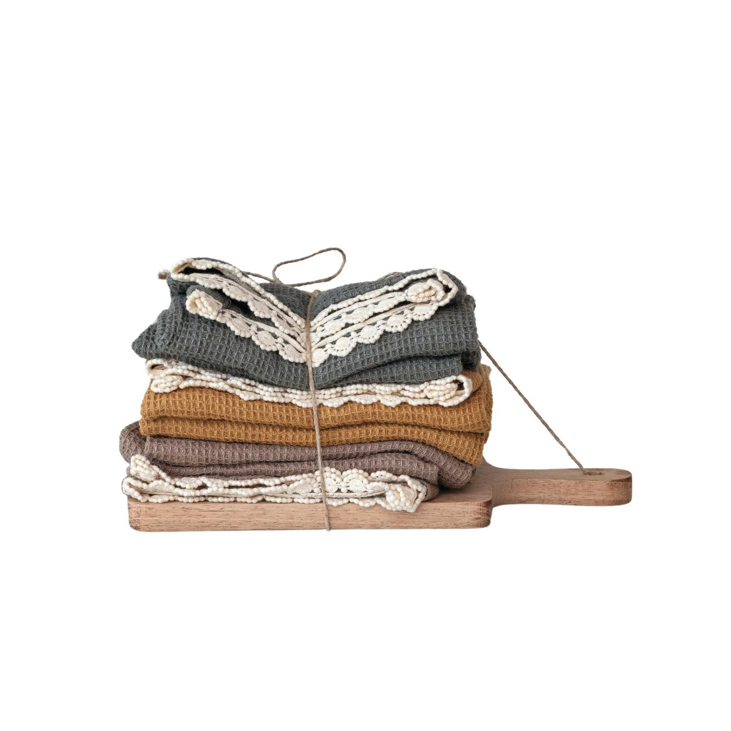 Cotton Waffle Weave Tea Towels w/ Cheese/Cutting Board, | Set of 4