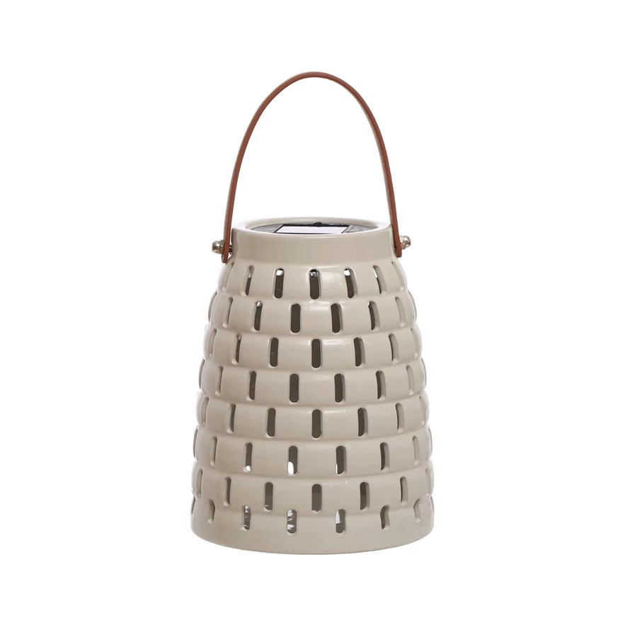 Stoneware LED Solar Powered Waterproof Lantern w/ Faux Leather Handle