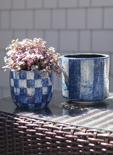 Indigo Stripe Terracotta Planter | Large