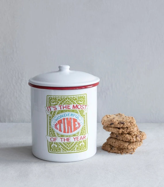 Enameled Container with Lid and Red Rim