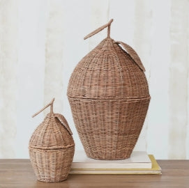 Hand-Woven Rattan Lemon Shaped Baskets w/ Lid | Small