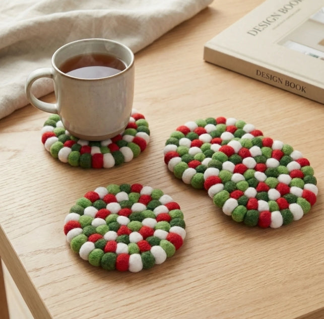 ModWool | Felt Ball Four Coaster Set | Red, White, Green