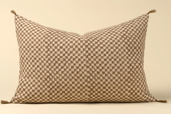 Block Print Check Linen Pillow | Brown