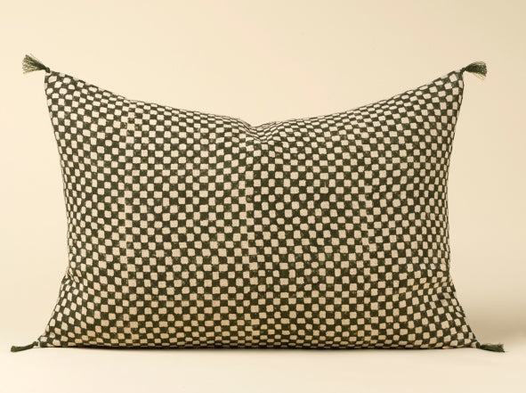 Block Print Check Linen Pillow | Green