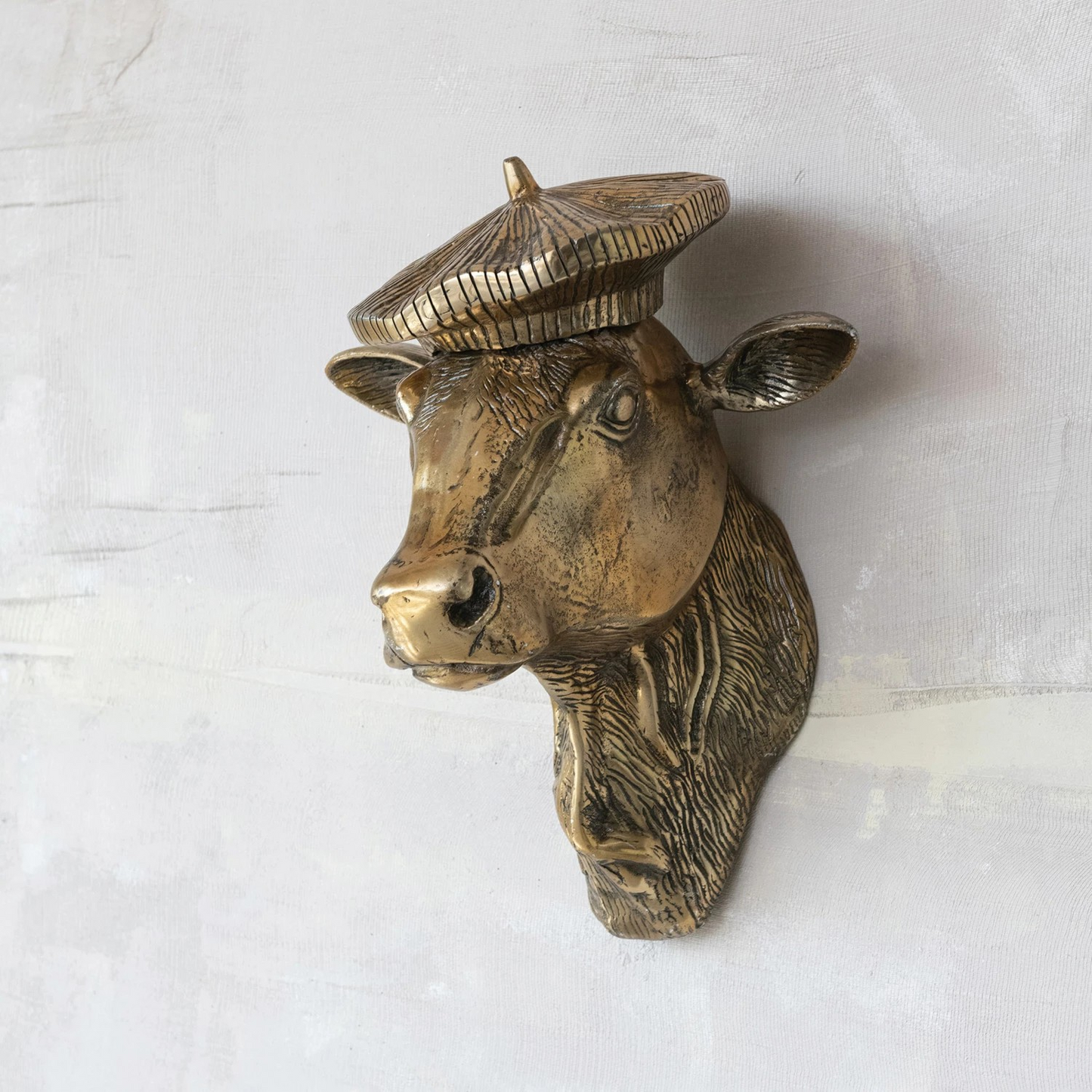 Cast Aluminum Cow Head with Beret Wall Décor