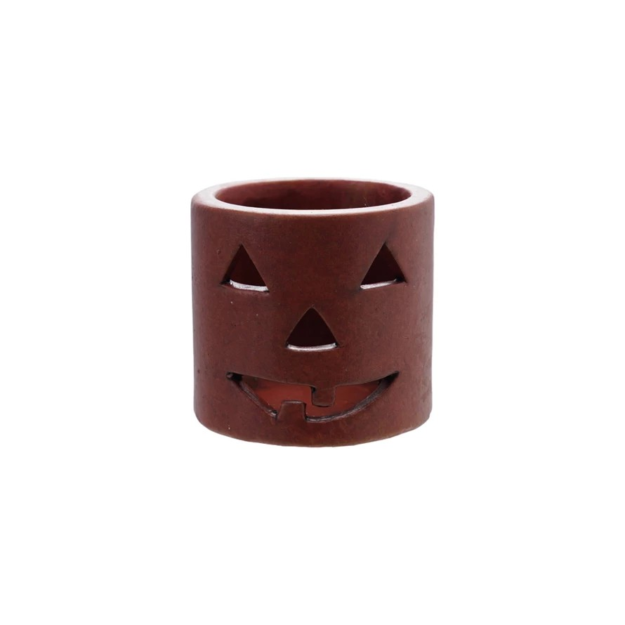 Terra-cotta Tealight Holder with Cut-Out Jack-O-Lantern Face