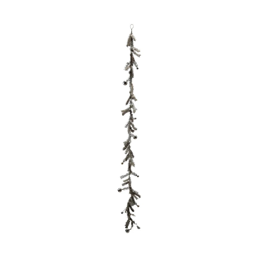 Tinsel Garland with Ball Ornaments | Antique Silver Finish