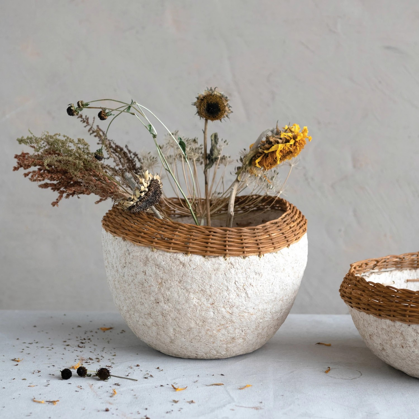 Decorative Handmade Paper Mache Bowl w/ Wicker Rim