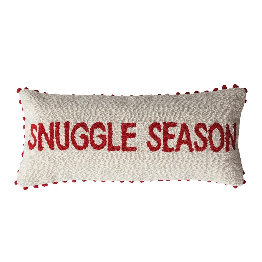 Tufted Lumbar Pillow with Pom Pom Trim "Snuggle Season" | Natural & Red