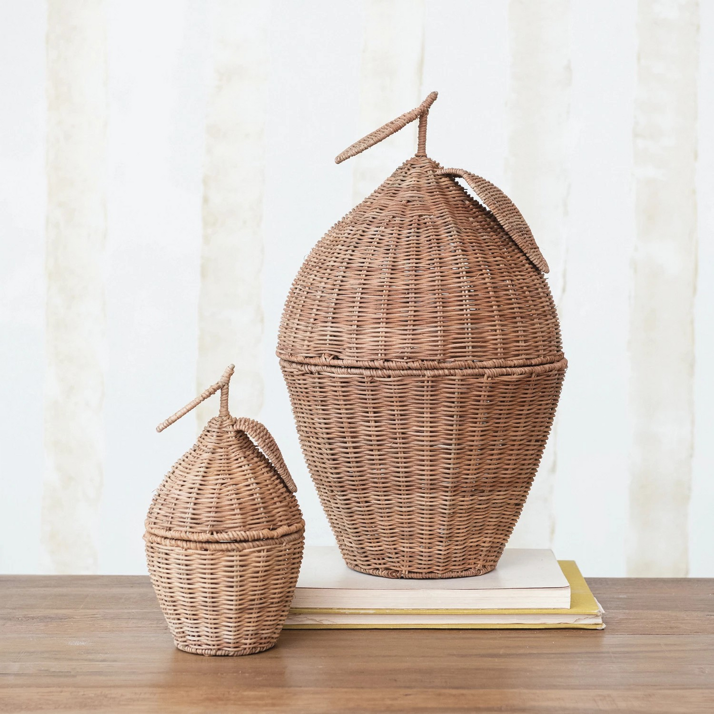Hand-Woven Rattan Lemon Shaped Baskets w/ Lids | Set of 2