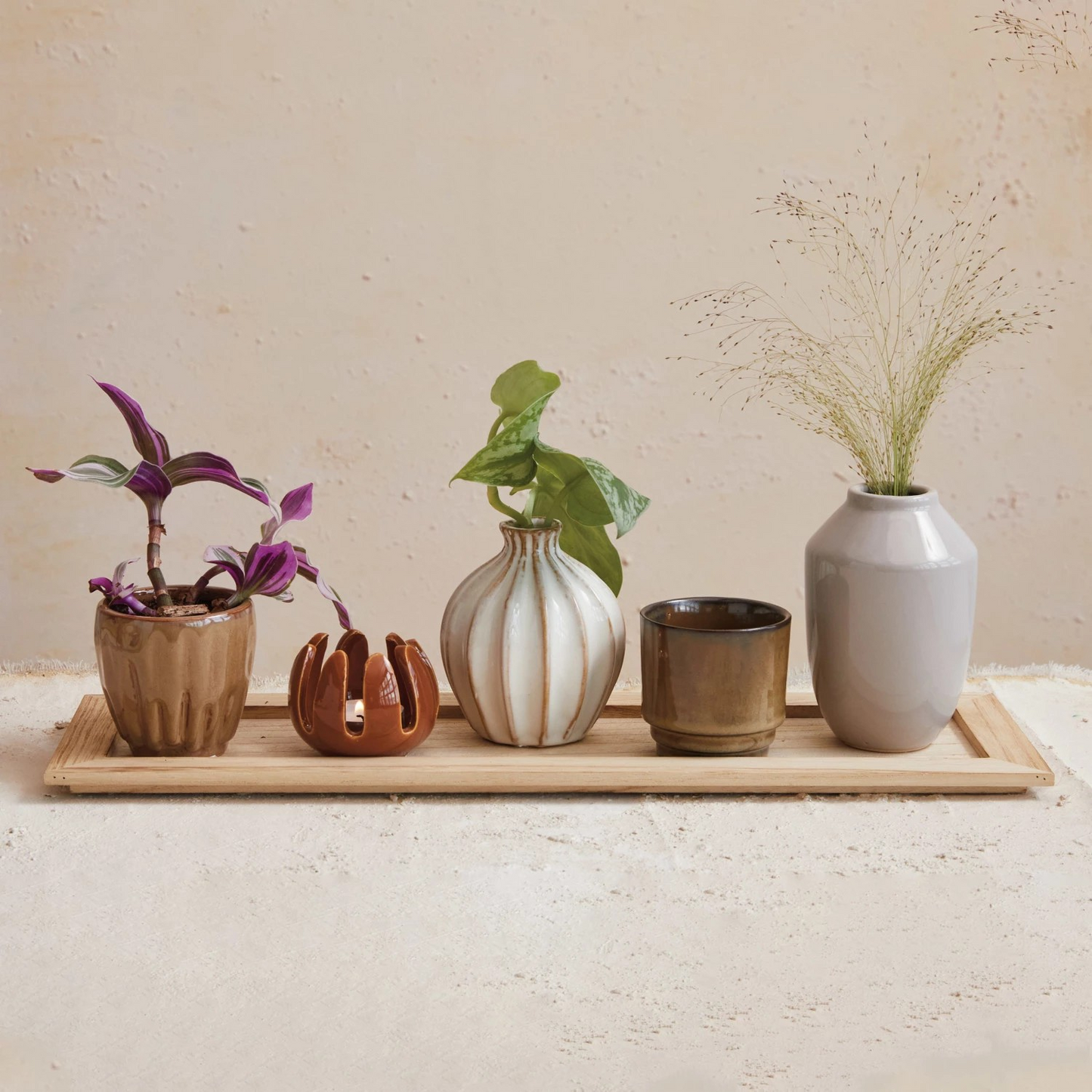 Wood Tray w/ 5 Stoneware Vases/Votive Holders | Set of 6