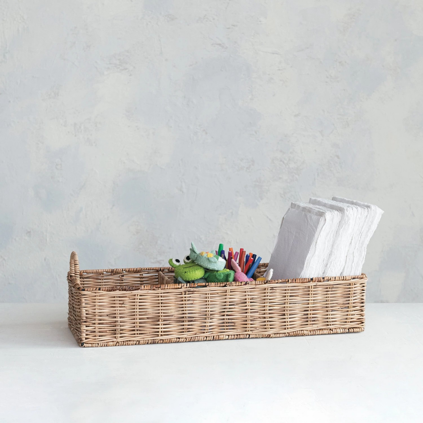 Hand-Woven Rattan Basket w/ 3 Sections & Handles | Natural