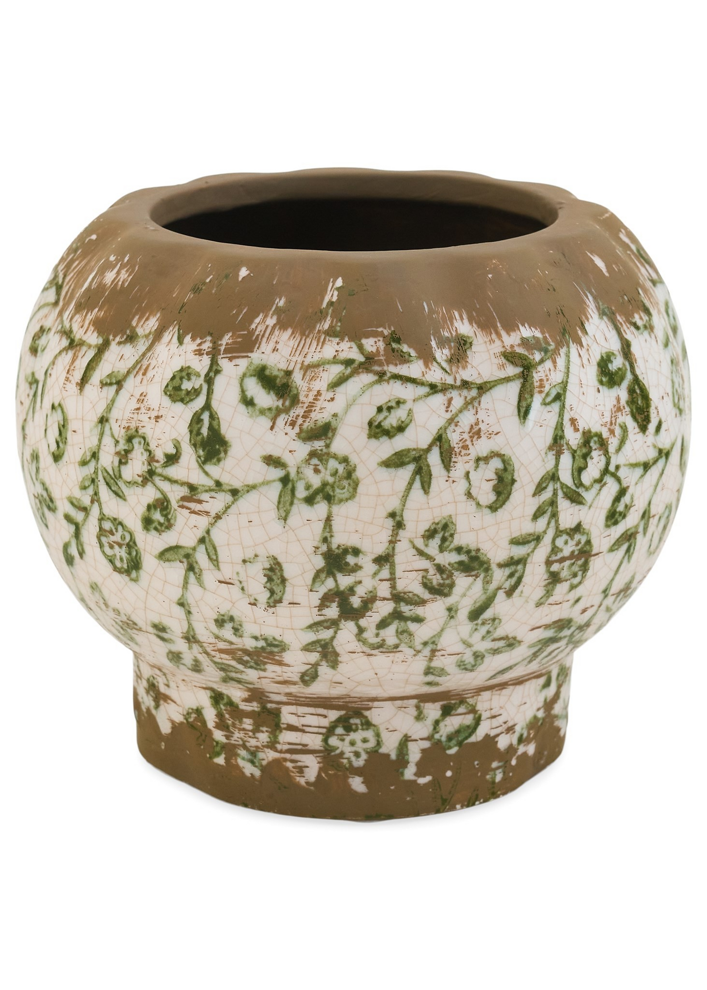 PLANTER STONEWARE CRAKLE FLOWER PATTERN | WHITE & GREEN