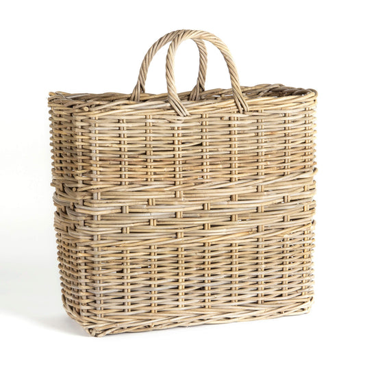 TALL RECT GREY RATTAN BASKET WITH HANDLES