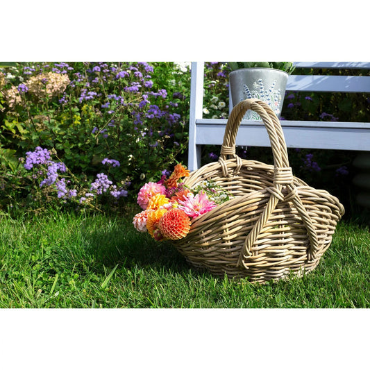 OVAL GREY RATTAN BASKET WITH HIGH SIDES AND OVERHANDLE