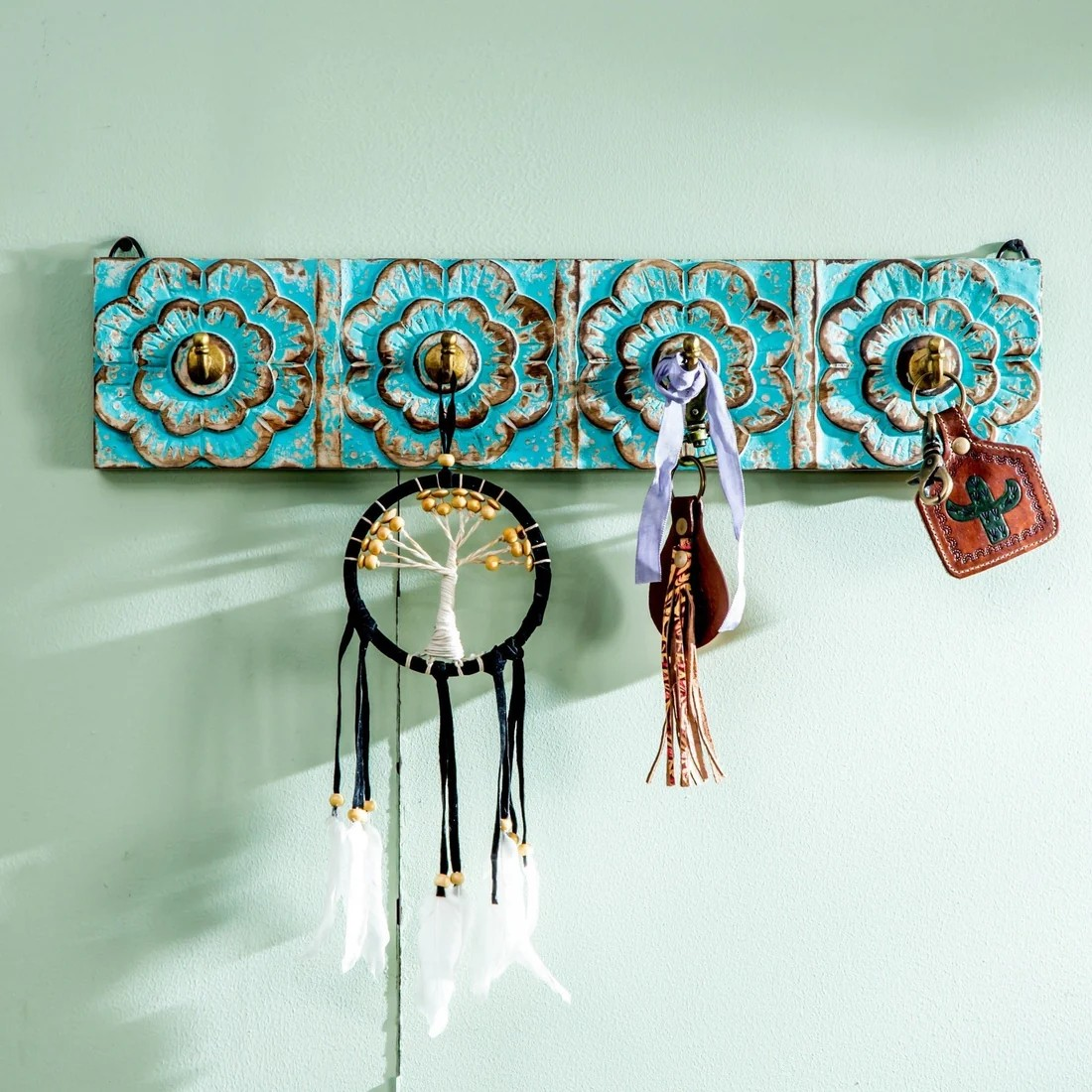 Turquoise Carved Wooden Hooks Rack