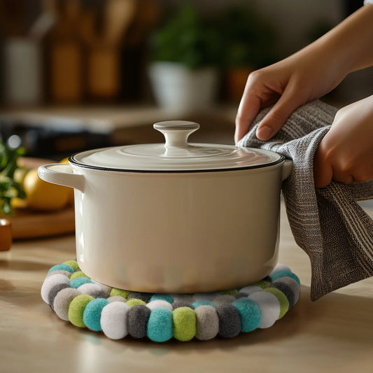 MODWOOL |  Felt Ball Round Trivet | Teal/Green/Grey/White