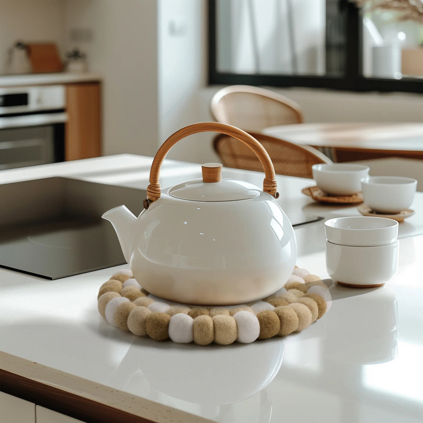MODWOOL Felt Ball Round Trivet |  Taupe/White