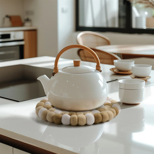 MODWOOL Felt Ball Round Trivet |  Taupe/White