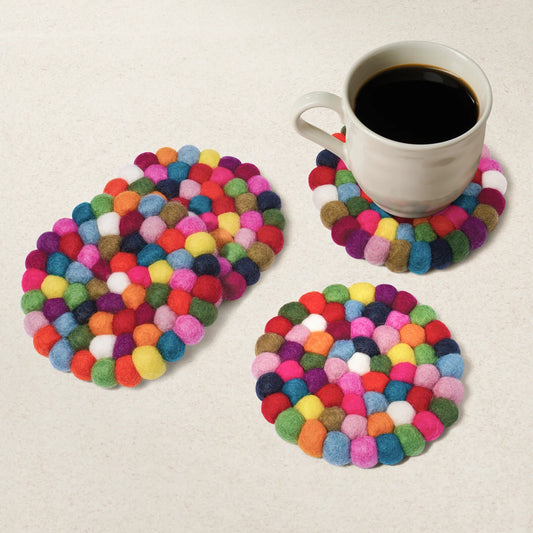 MODWOOL Felt Ball Four Piece Round Coaster Set |  Multi Color