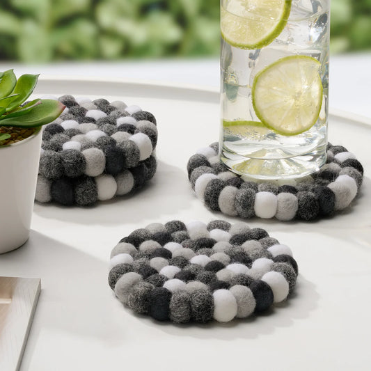 MODWOOL Felt Ball Four Piece Round Coaster Set |  Black/White/Grey