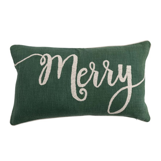 Cotton Slub Lumbar Pillow with Embroidered "Merry" | Green & Natural