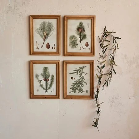 .Wood Framed Glass Wall Décor with Pine Bough Print