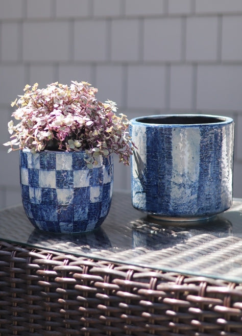 Indigo Check Terracotta Planter | Small