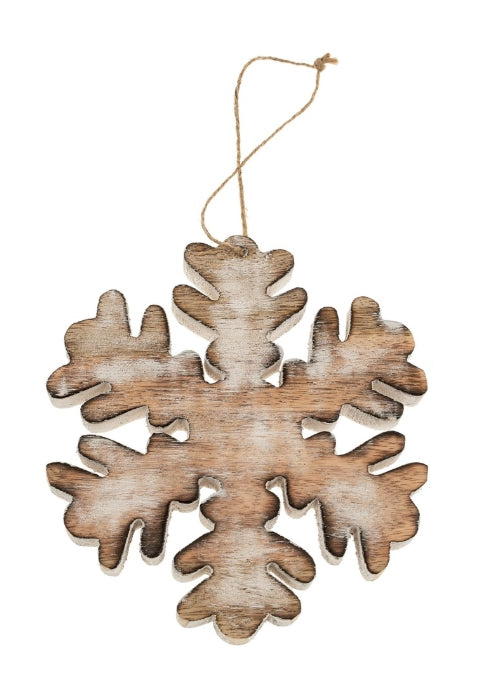 Wooden Fluffy Snowflake Ornament  | Large |  Whitewash