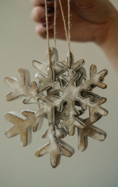 Wooden Frosty Snowflake Ornament | Large | Whitewash