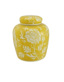 Hand-Painted Stoneware Ginger Jar w/ Floral Pattern | Yellow