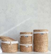 Water Hyacinth Basket w/ Lid, Handles & Cotton Lining | Medium