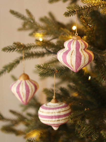 Striped Paper Mache Ornaments | Pink | Set of 3