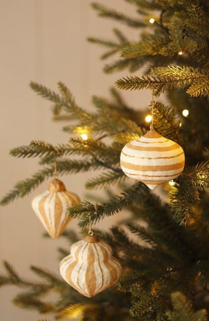 Striped Paper Mache Ornaments | Gold | Set of 3