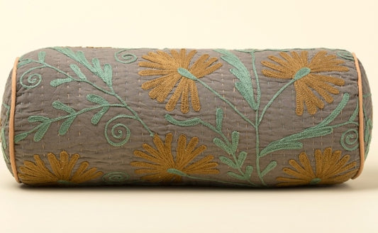 Suzani Embroidered Kantha Bolster| Grey