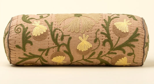 Suzani Embroidered Kantha Bolster | Beige