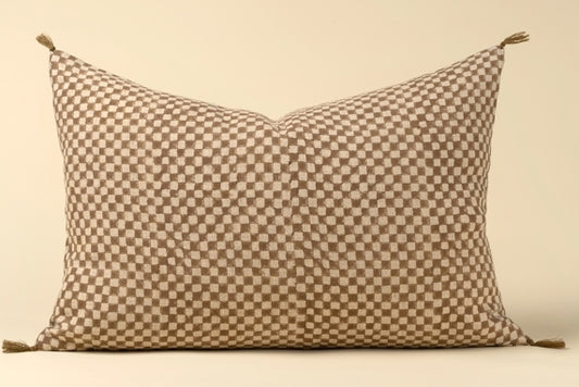 Block Print Check Linen Pillow |  Brown