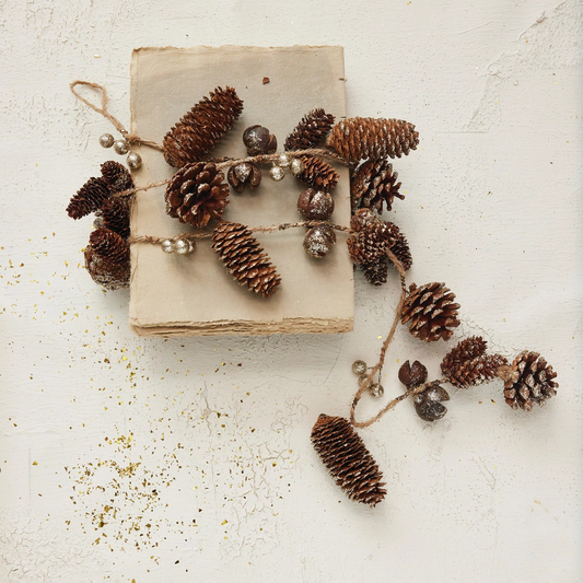 Pinecone Garland with Seed Pods & Glitter |  Natural & Gold Color