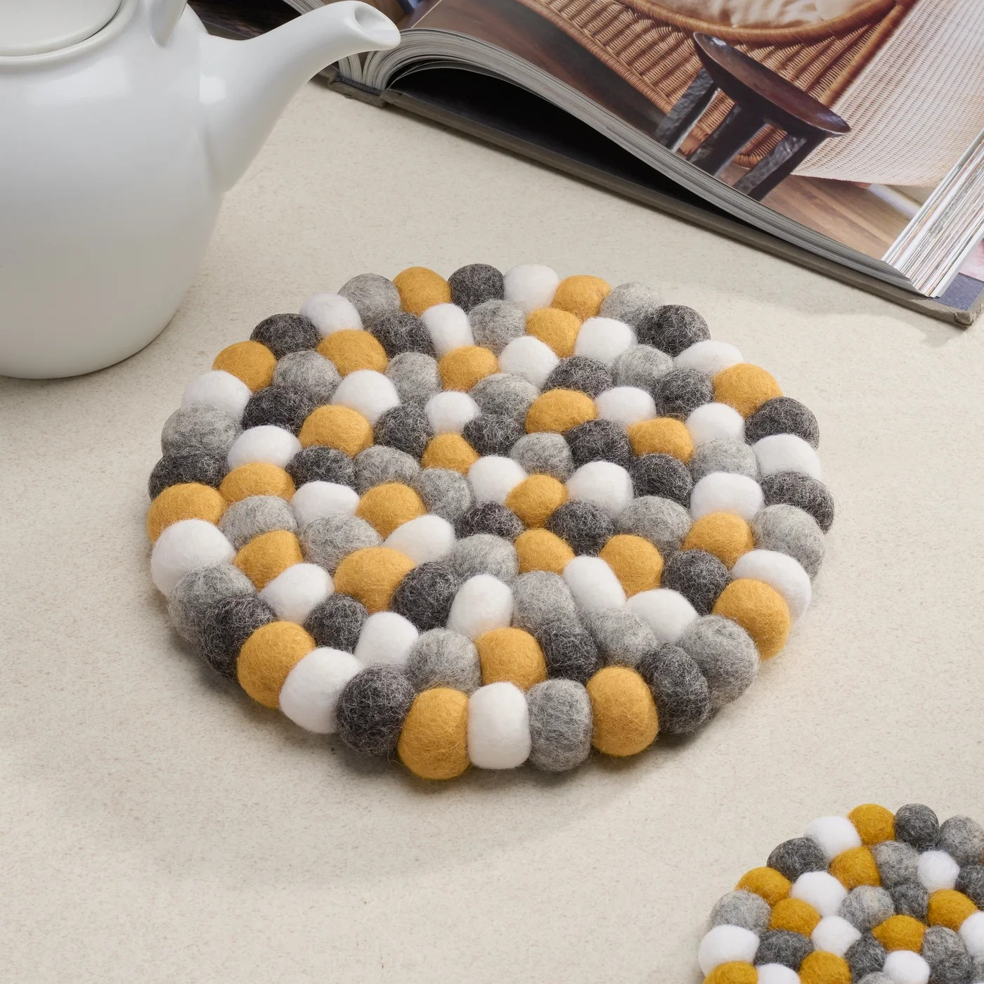 Modwool Felt Ball Trivet | Yellow/Grey/White