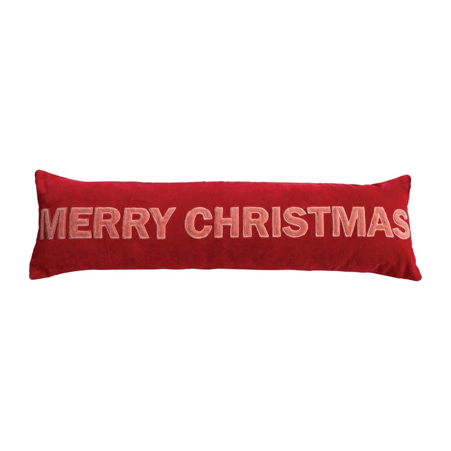 Woven Cotton Velvet Lumbar Pillow with Appliqued "MERRY CHRISTMAS"