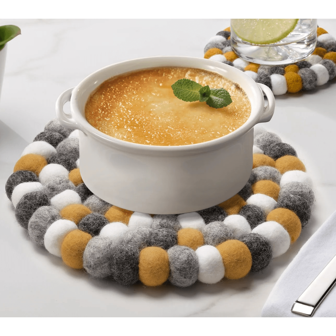 Modwool Felt Ball Trivet | Yellow/Grey/White