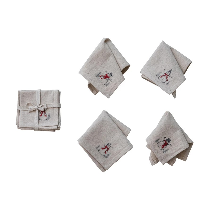 Cocktail Napkins with Snowman & Bird Image | Natural |  Set of 4