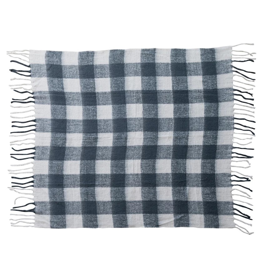 Woven Acrylic Throw with Fringe | Charcoal Color & White Plaid