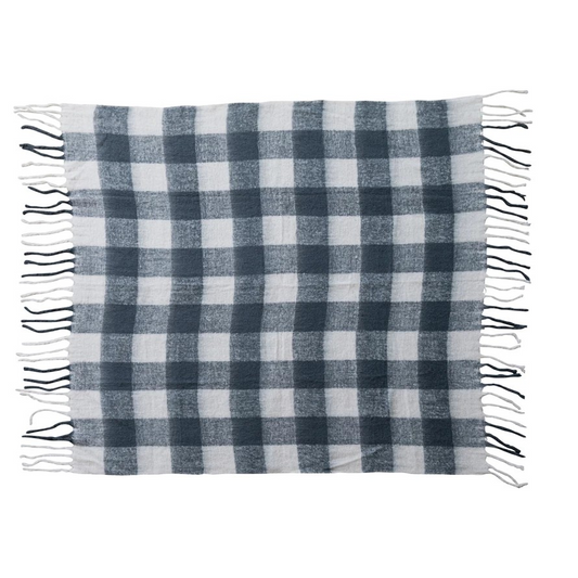 Woven Acrylic Throw with Fringe | Charcoal Color & White Plaid