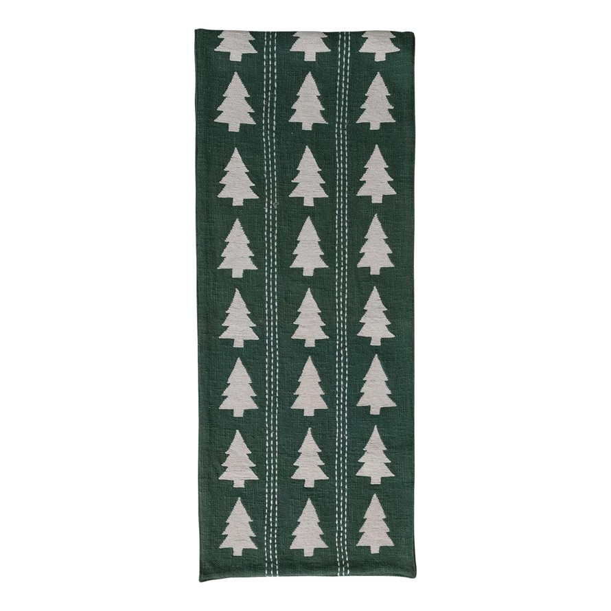 Table Runner with Trees Pattern, Embroidery & Stitching | Green & Natural