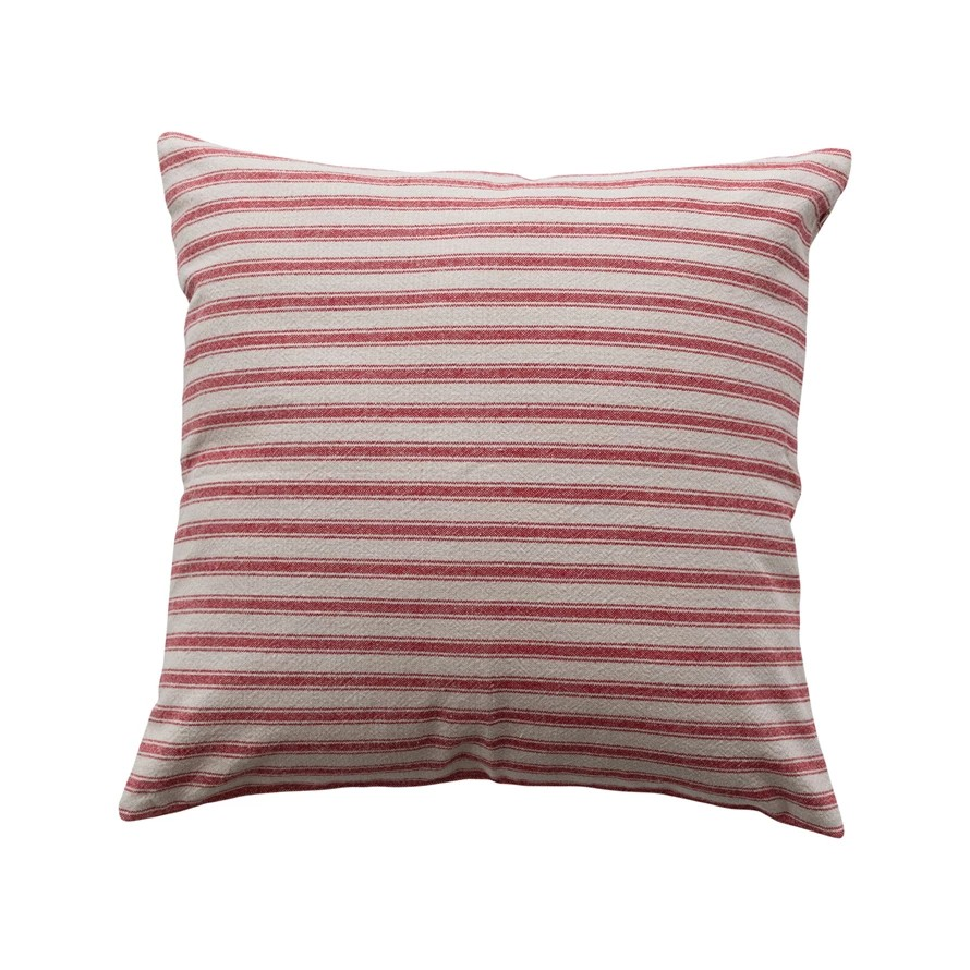 20" Square Woven Cotton Striped Pillow |  Red & Natural