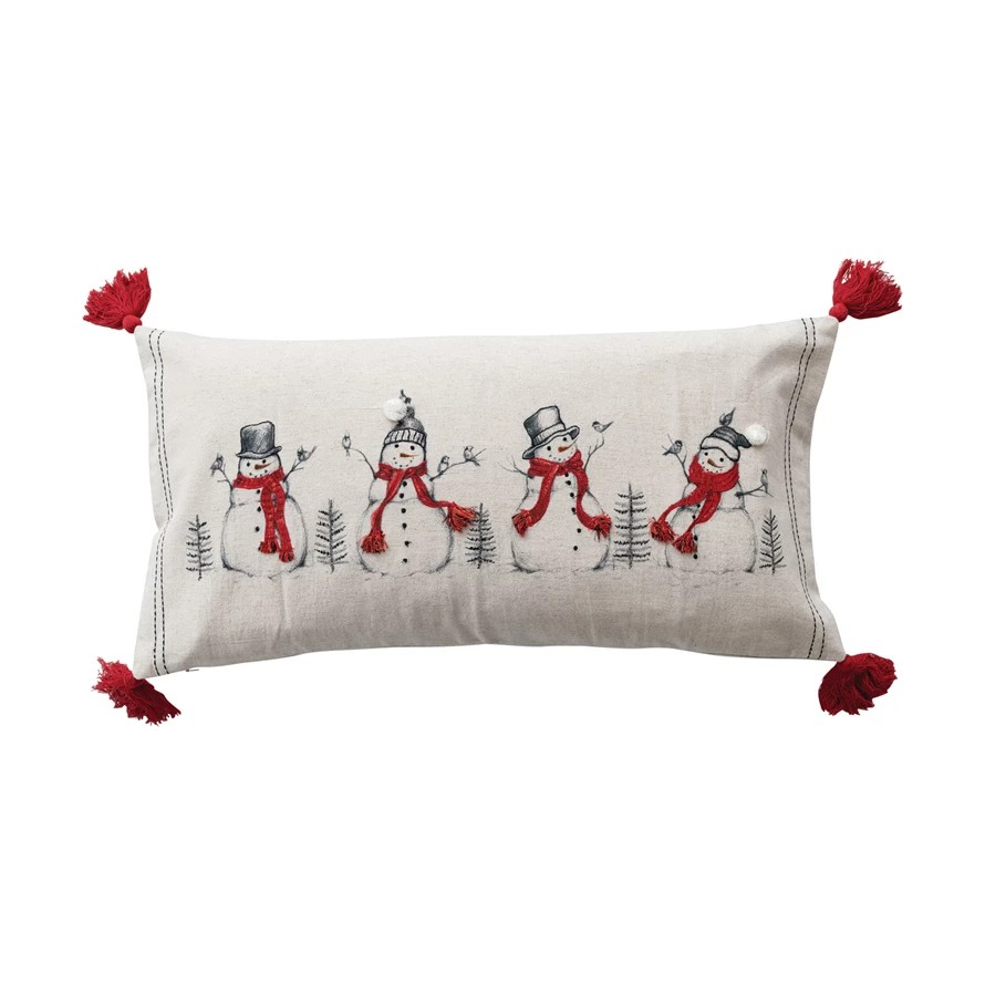 Lumbar Pillow with Embroidered Snowmen & Birds Image